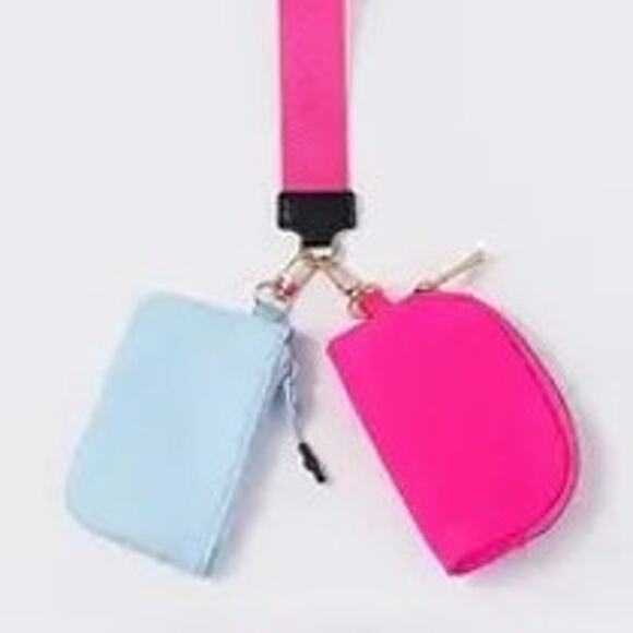Double Dual Nylon Pouch Wallet Detachable Wristlet Hot Pink Blue - Picture 1 of 6